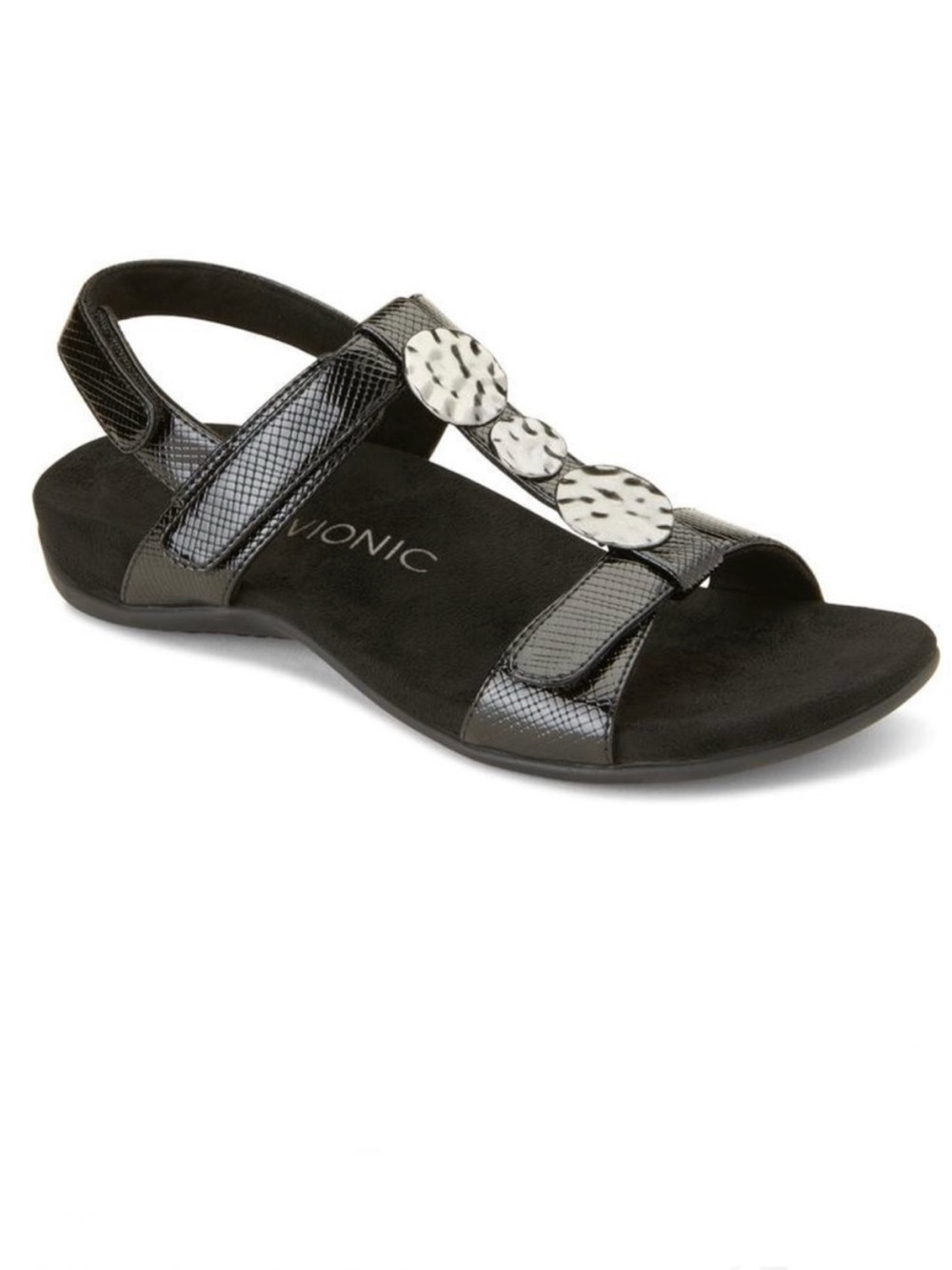 Vionic Farra Lizard Black Faux Leather Sandals Metallic Accent Size 8‎